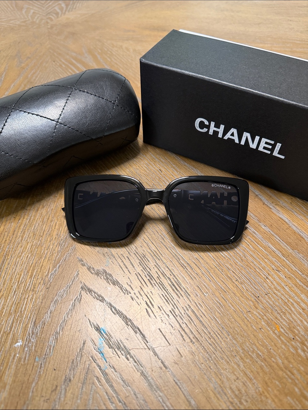 CHANEL Black Square Frame Sunglasses with Dark Lenses